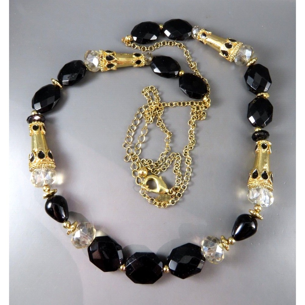 CHICO'S Beaded Necklace GOLD CHAIN w/BLACK & CLEAR BEADS Enamel Fancy Caps 40"
